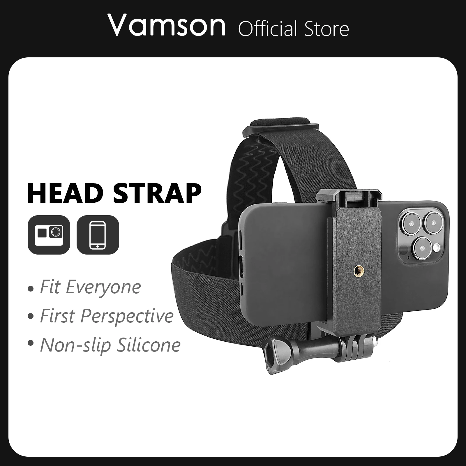 Vamson Head Strap Adjustable Universal Mobile Phone Clip Fix Mount for Gopro Hero 10 9 8 7 6 5 for iPhone Xiaomi Samsung Huawei