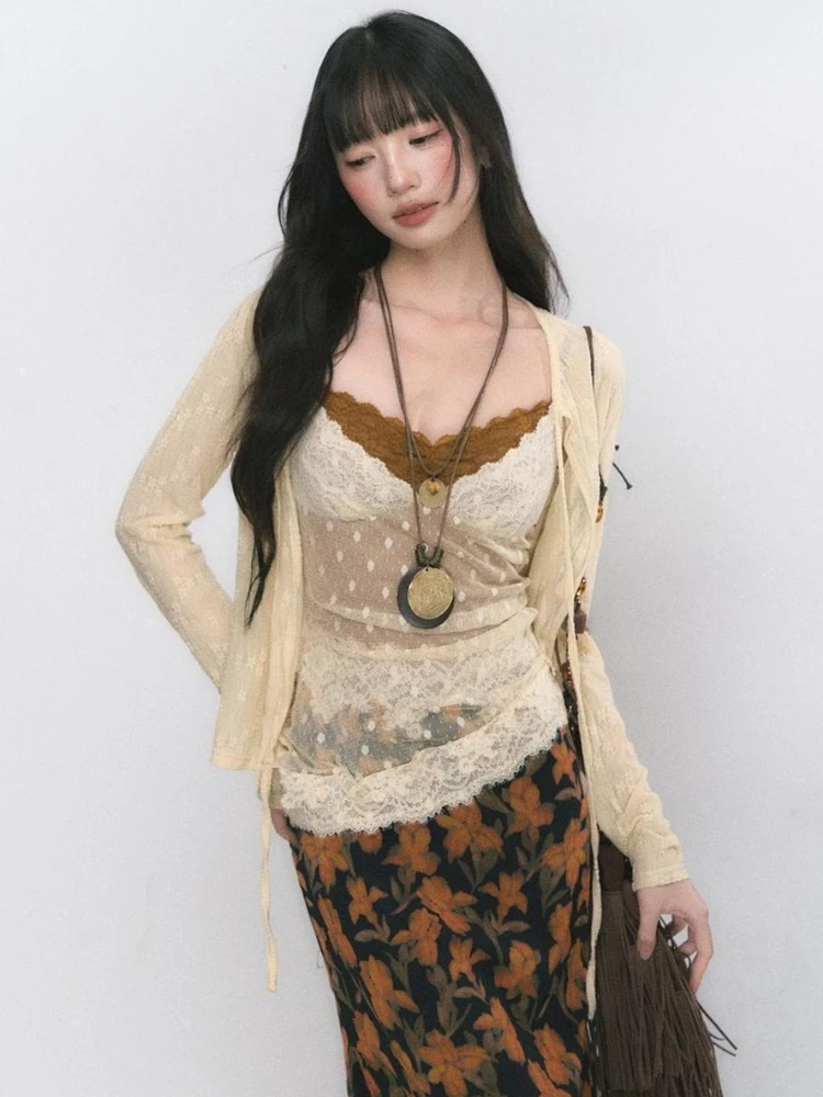 Sweet 3 Piece Sets Women Sun Protection Lace Bandage Cardigan + Patchwork Slim Fit Vest + Vintage Flower Skirts Y2K Outfits image 3