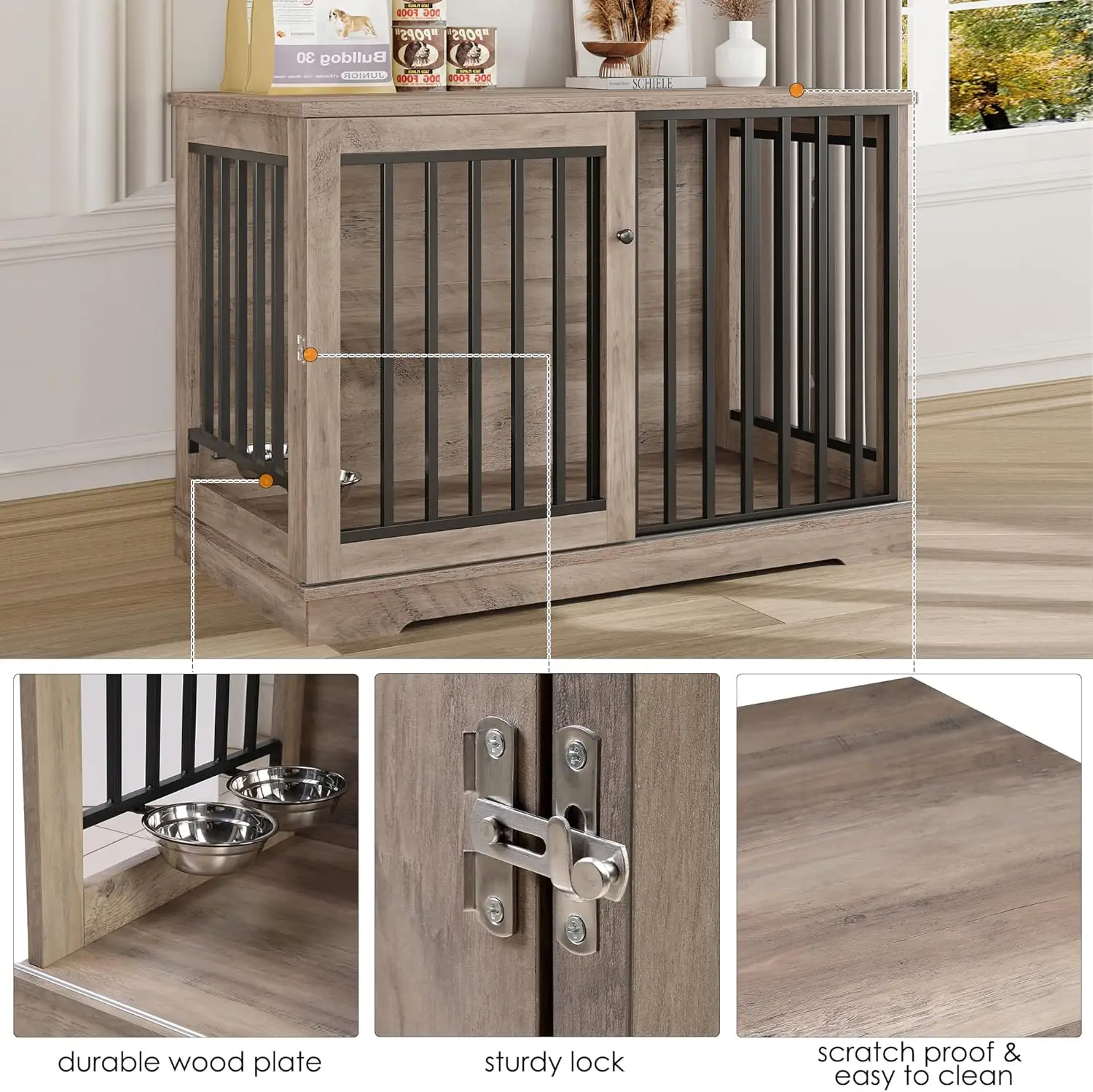 Dog Crate Furniture 47” Large Dog Kennel for Dogs Indoor, Heavy Duty Dog Cage with Sliding Door and 2 SUS Bowls Wooden End Table image 6