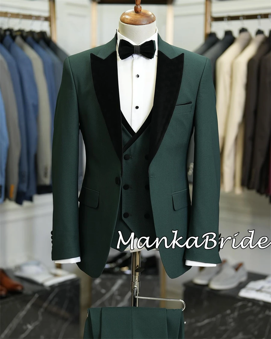 Traje clásico para hombre, Blazer de 3 piezas, con cuello negro y verde oscuro, para boda, fiesta, oficina, navidad