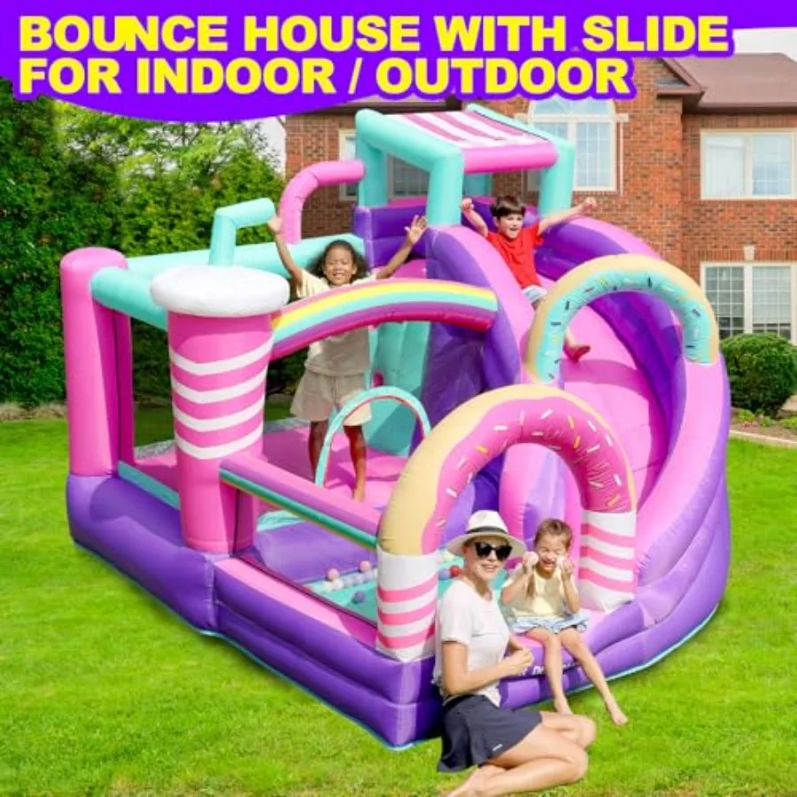 Casa de rebote inflable con tobogán, castillo de rebote, castillo inflable para interiores y exteriores, área de juego multifunción con pared trepadora, rosa a