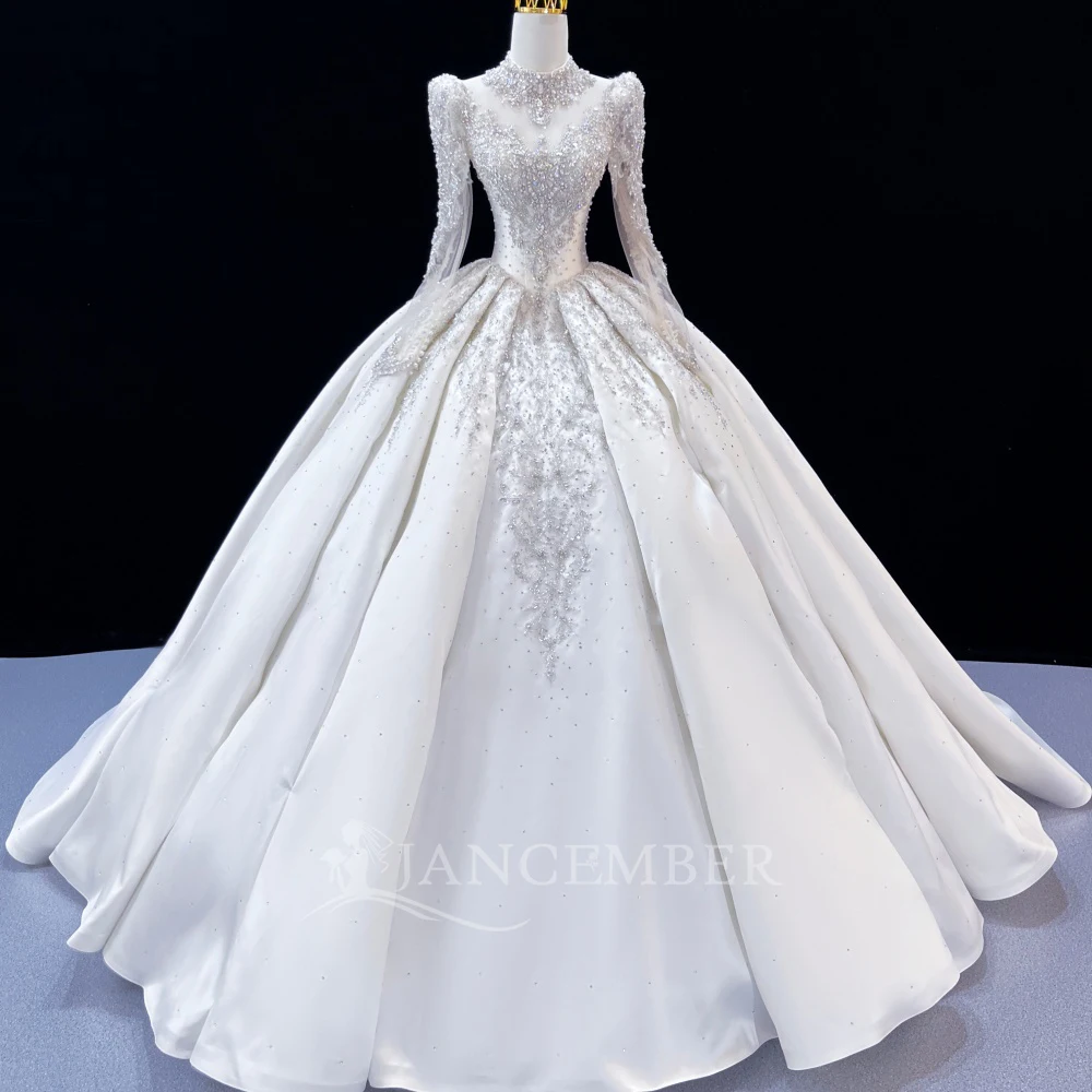 Customized Ball Gown Wedding Dresses High Neck Long Sleeves Vestido De Novia Court Train Lace Sequined Royal Robe De Mariee