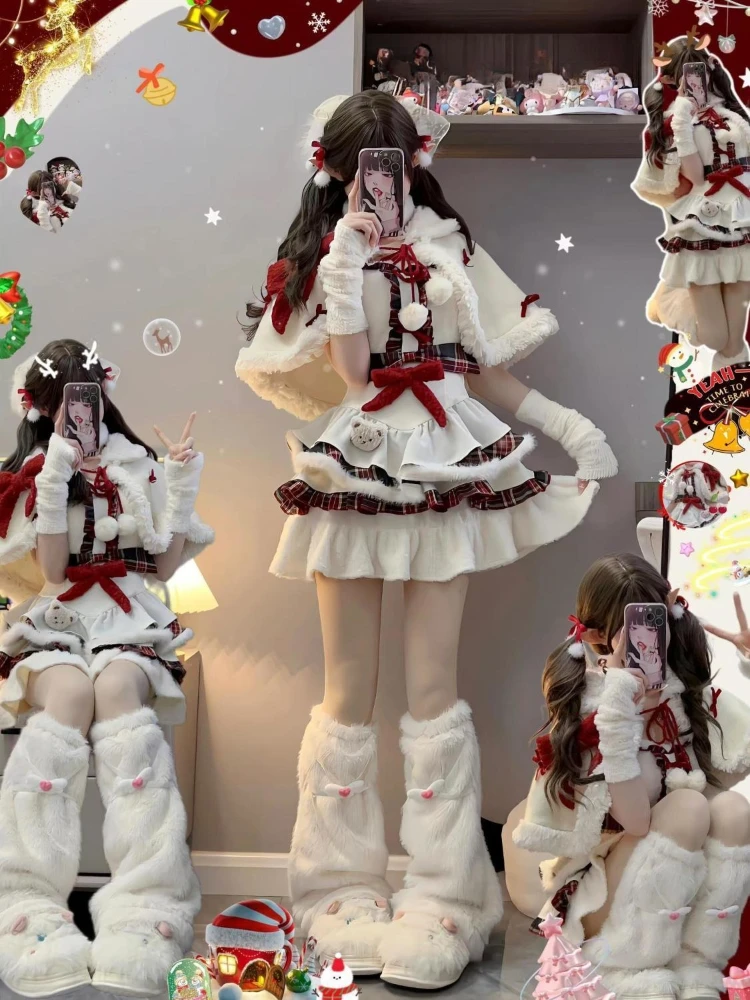 عيد الميلاد الحلو Kawaii لوليتا 2 قطعة مجموعة المرأة لطيف عباءة منقوشة المرقعة فستان منفوش موضة جديدة الجنية ملابس الشتاء الطرف
