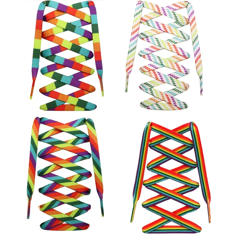 New 1 Pair Flat Rainbow Striped Shoe Laces Multicolor Stripe Replacement Shoelaces for Canvas Sneakers Casual Shoe Accessories