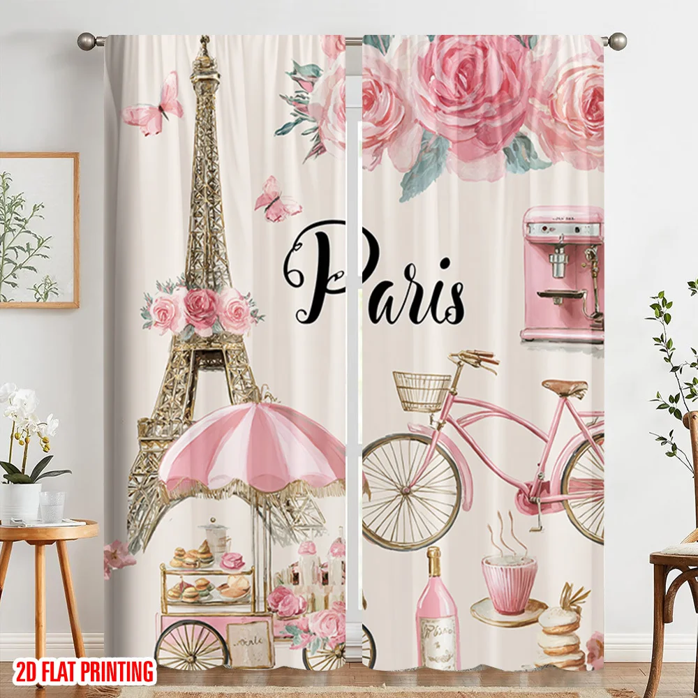 2 Panels Pink Paris Curtains, Eiffel Tower & Bicycle Print, Romantic French Style Drapes for Bedroom Living Room Decor