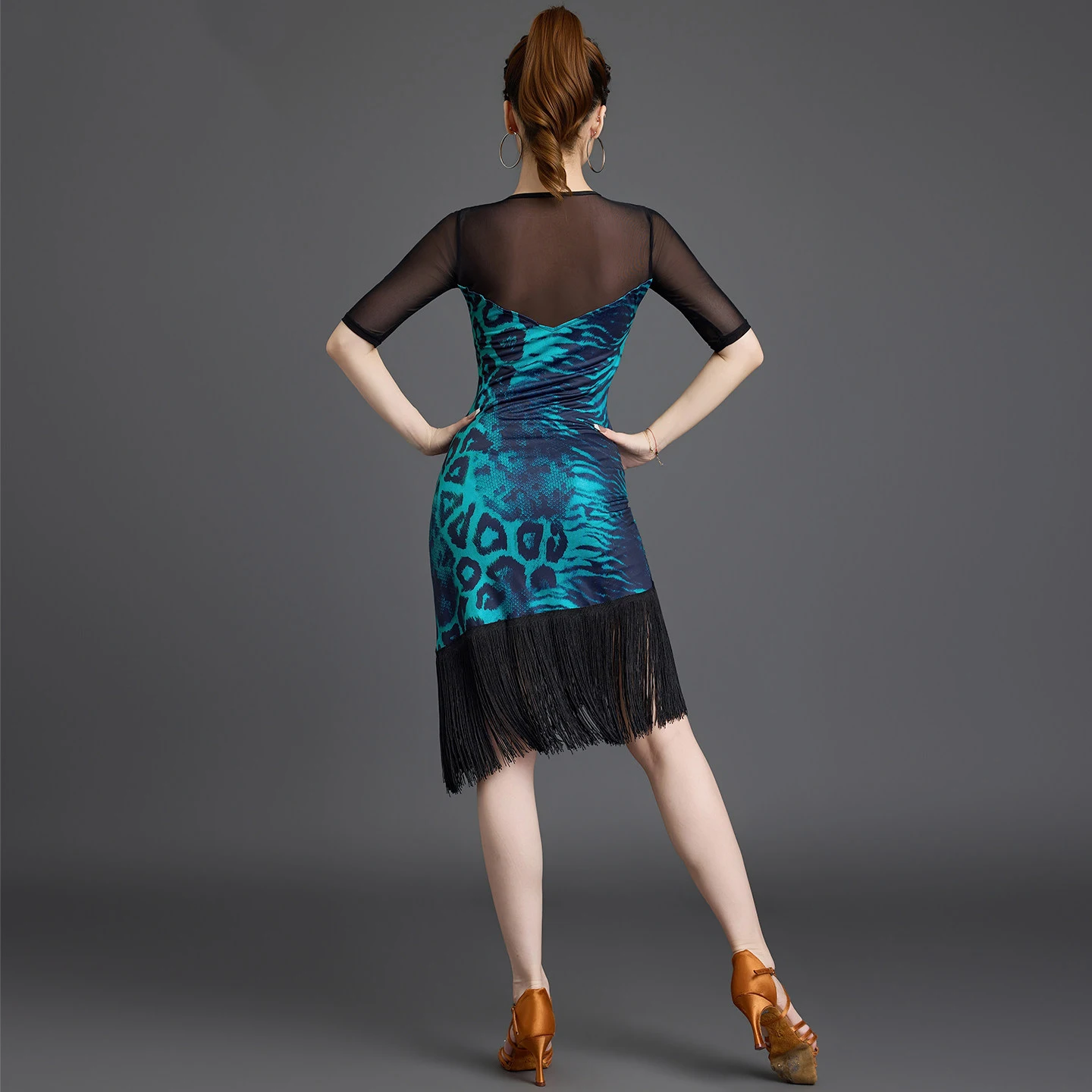 Latin Dance Clothing Leopard Print Mesh Tassels Half Sleeve Dress Performance Dress Practice Clothes Chacha Dance Dress DQL12709