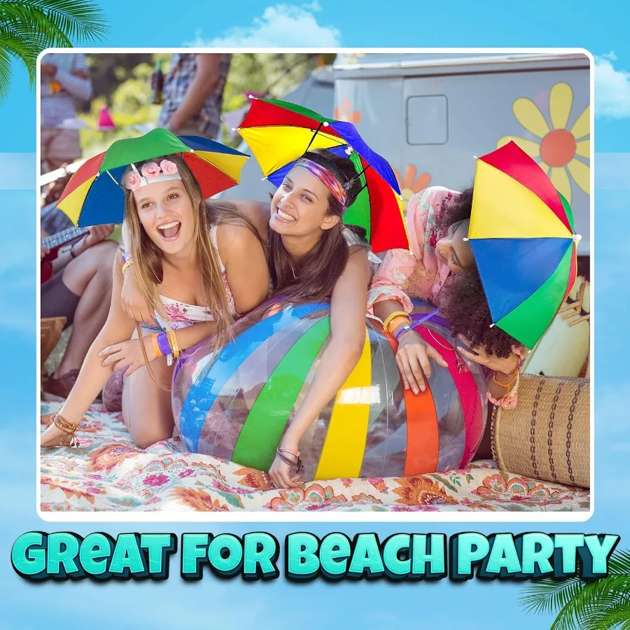 مجموعة قبعة المظلة مكونة من قطعتين - قبعات حفلات ملونة للمناسبات الخارجية وحفلات الشاطئ - تصميم 20 بوصة بدون استخدام اليدين مع مطر نابض بالحياة