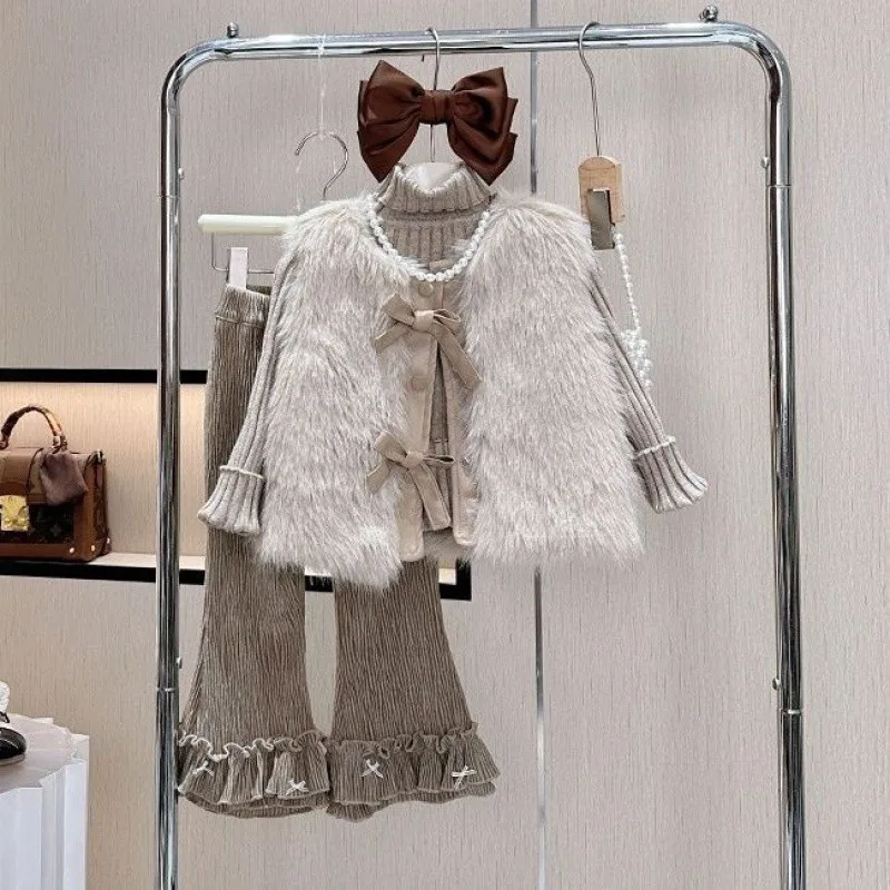 Girl Clothes Suit 2023 Girl Fall and Winter Style Fur Vest Flared Bottoms Three-piece Set Fashion Suit Baby Girl Clothes