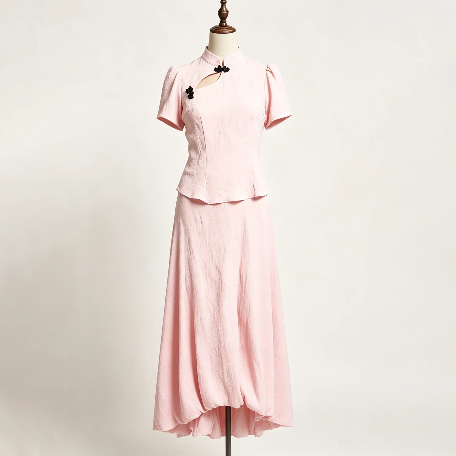 LIMO Pink Cheongsam Collar 2 Piece Outfit Hollow Neck Blouse Flowy Midi Skirt Women Suit view 6