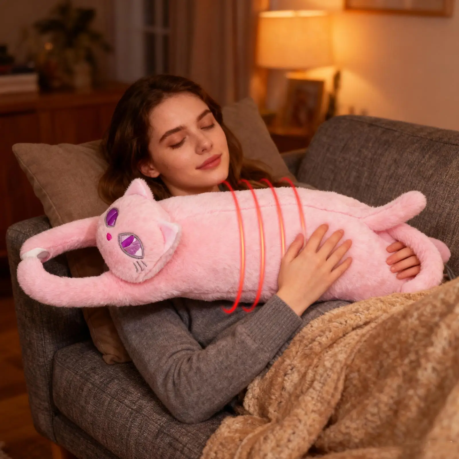 

USB Powered Electric Heating Pad Period Heated Plush Cute Cat Throwing Pillow Lovely Cat Heating Pad for Period Cramps Menstrual