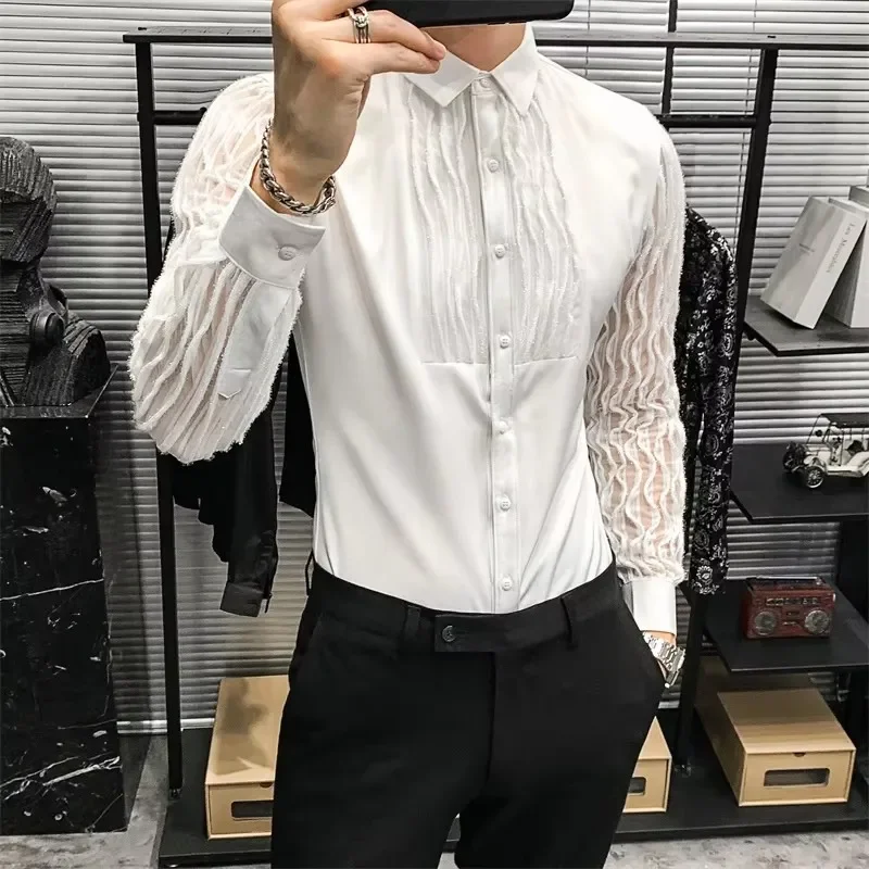 Men's White Dress Shirt for Men Slim Fit Sexy White Shirts Long Sleeve Tuxedo Shirts for Men Sheer Singer Stage Costume Gala