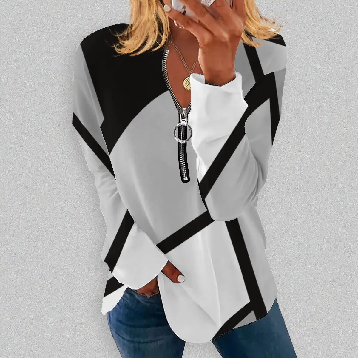 

Sweatshirt for Women Spring and Autumn V-neck Geometric Printing Casual Loose Long Sleeve Zipper Blouse