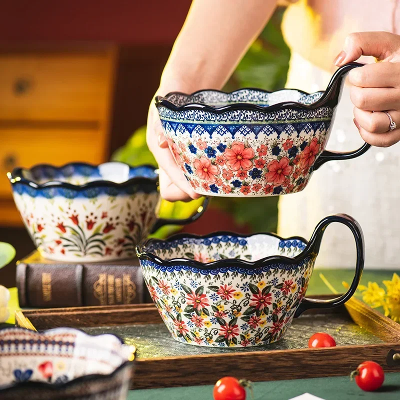 

Hand Handle Bowl Household Kitchen Cutlery Vintage Ceramic Noodle Soup Rice Bowl Large Bowl Salad Personal Cutlery