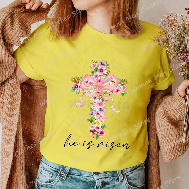 Easter Day Bow & Cross He Is Risen Graphic T-shirt For Women Summer Short Sleeve Round Neck Tee Shirt Creative Personalized Tops