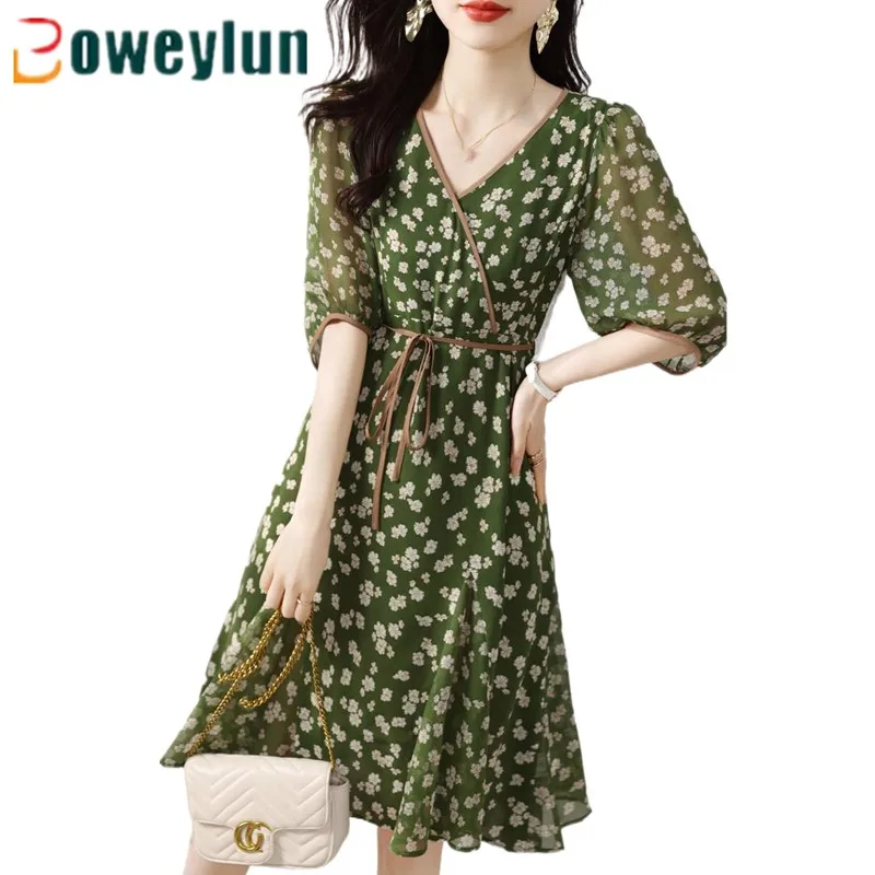 

Boweylun Chiffon Printed Five-quarter Sleeve Dress Women Summer V-neck Bubble Sleeve Mid-length A-line Dresses