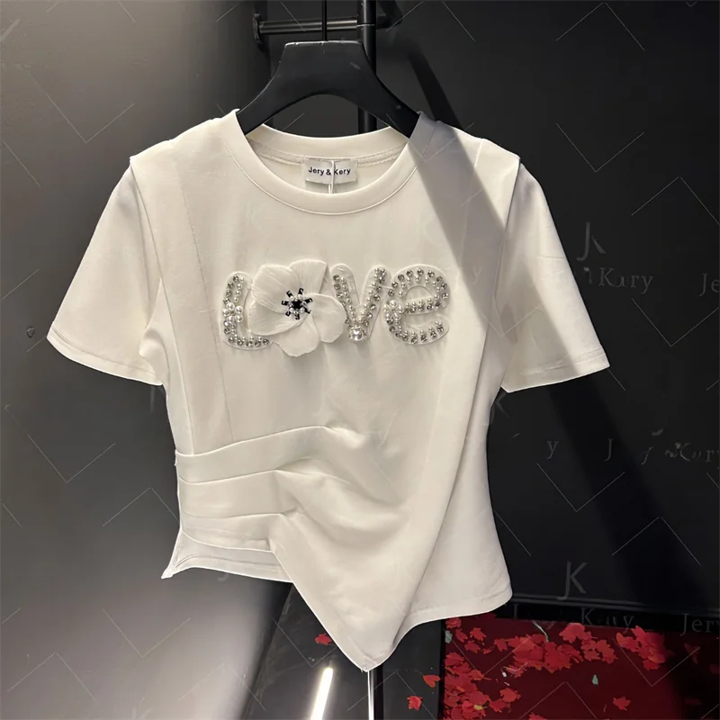 

Summer New Women's round Ne ort Sve T-irt Diamond Embedded Letter Print Casual Sle Asymmetric Hemline Creative Pat...