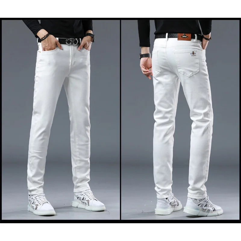 2024 fall high-end Tide brand embroidery men's jeans simple white slim small feet casual fashion versatile elastic men's pants