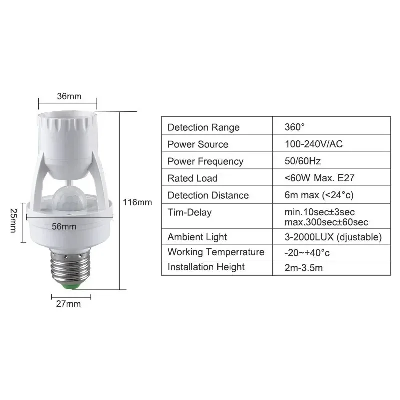 PIR Motion Sensor Lamp Holder E27 Smart Light Bulb Holder Adapter Auto On/Off Motion Light Socket for Porch Staircase Basement