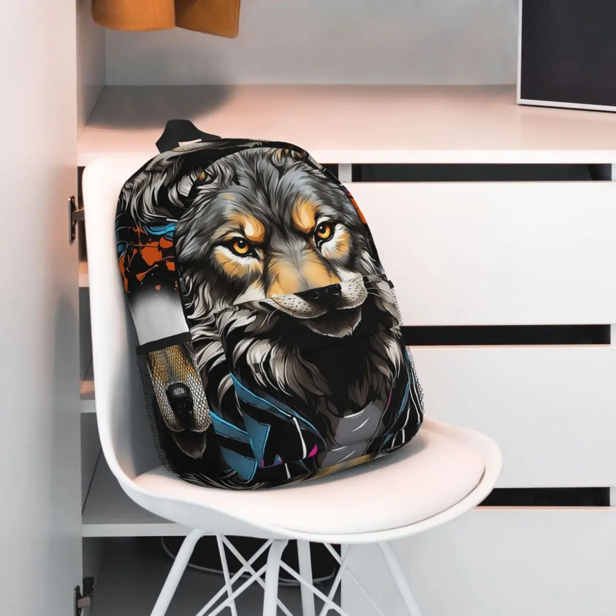 Neon Graffiti Wolf With Headphone Backpack Student BookBag Kids School Bag Laptop Shoulder Bags for Men Women