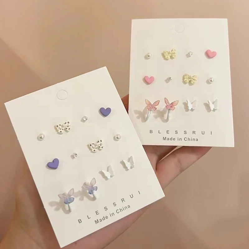 Cute Butterfly Heart Stud Earring Set Colorful Pearl Bow Tie Flower Earrings for Women Girls Kids 2024 Wholesale Jewelry Gifts