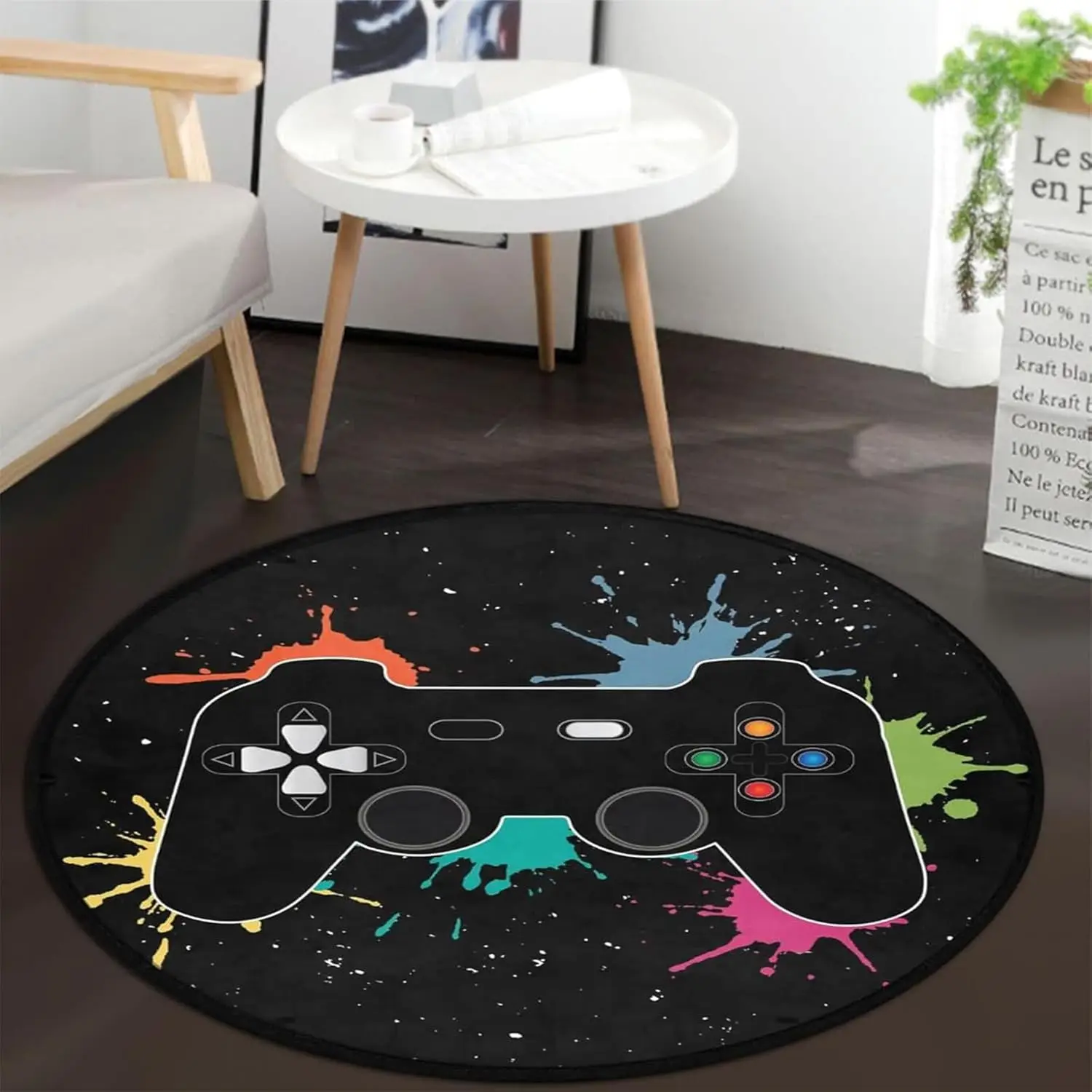 Gaming Controller Splash Art Round Rug Black Background for Gamer Room Decor