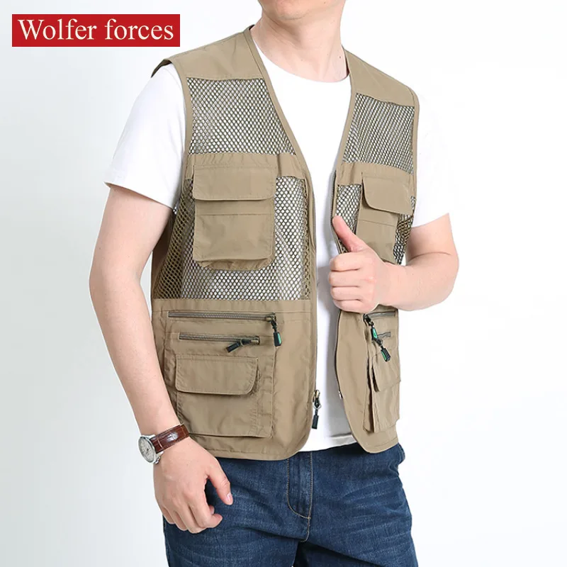 

Multi-pocket Vest Sleeveless Jacket Men Mesh Coat Summer MAN Clothing Work Plus Size Outerwear Hunting Men's Fishing Denim Large