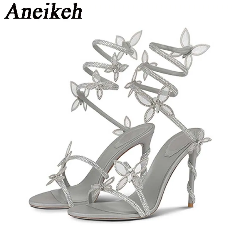 Aneikeh2025 Fashion Sexy Shiny Crystal Rhinestone Butterfly Flower High Heels Women's Summer PU Round Head Sandals Wedding Dress