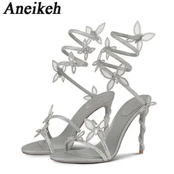 Aneikeh 2026 Fashion Sexy Shiny Crystal Rhinestone Butterfly Flower High Heels Women Summer PU Round Head Sandals Wedding Dress