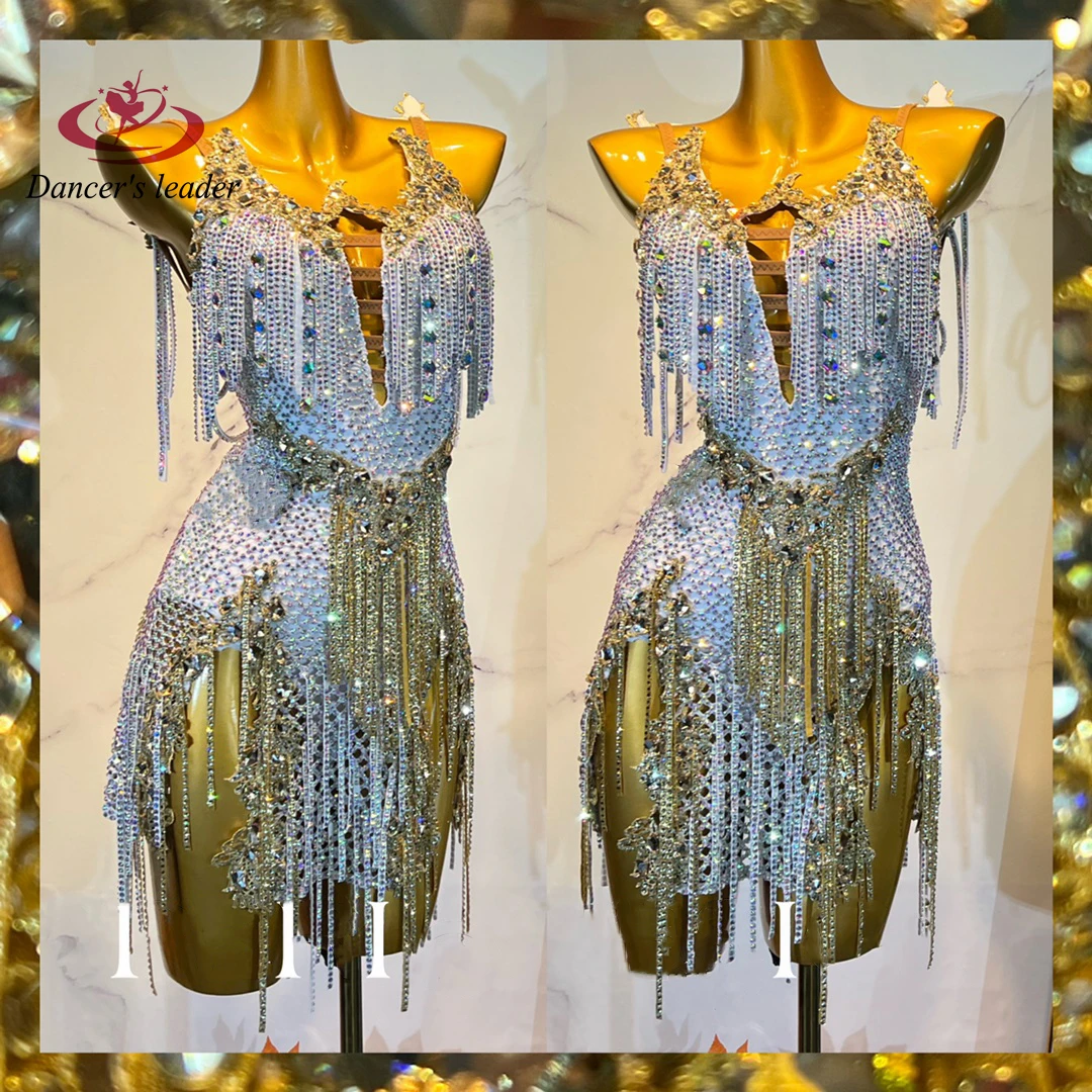 

Latin Dance Rhinestone Women's High-end Custom High-end Grid Diamond Stripe Tassel Samba Dance Dress Performance Dress