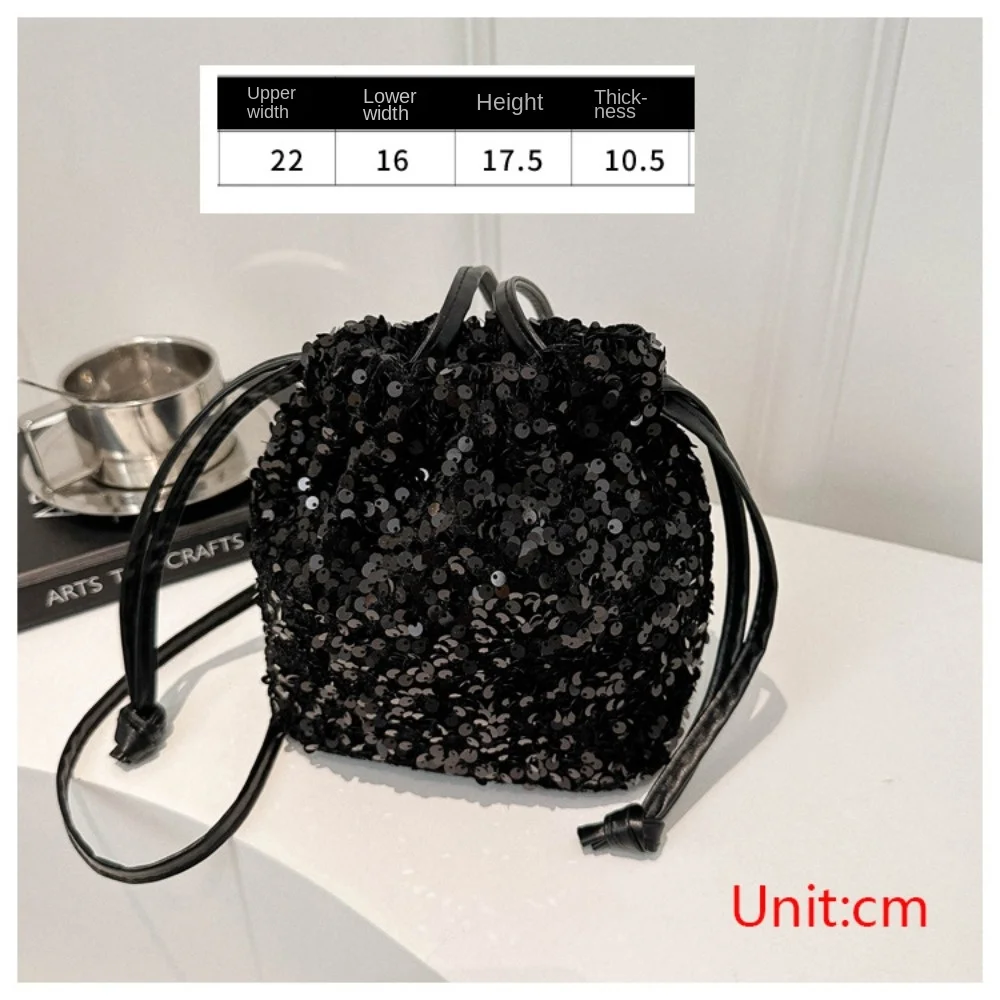 Fashion Versatile Sequin Shoulder Crossbody Bag Trendy Simple Women Small Handbag Drawstring Bucket Bag Party Wallet Purse