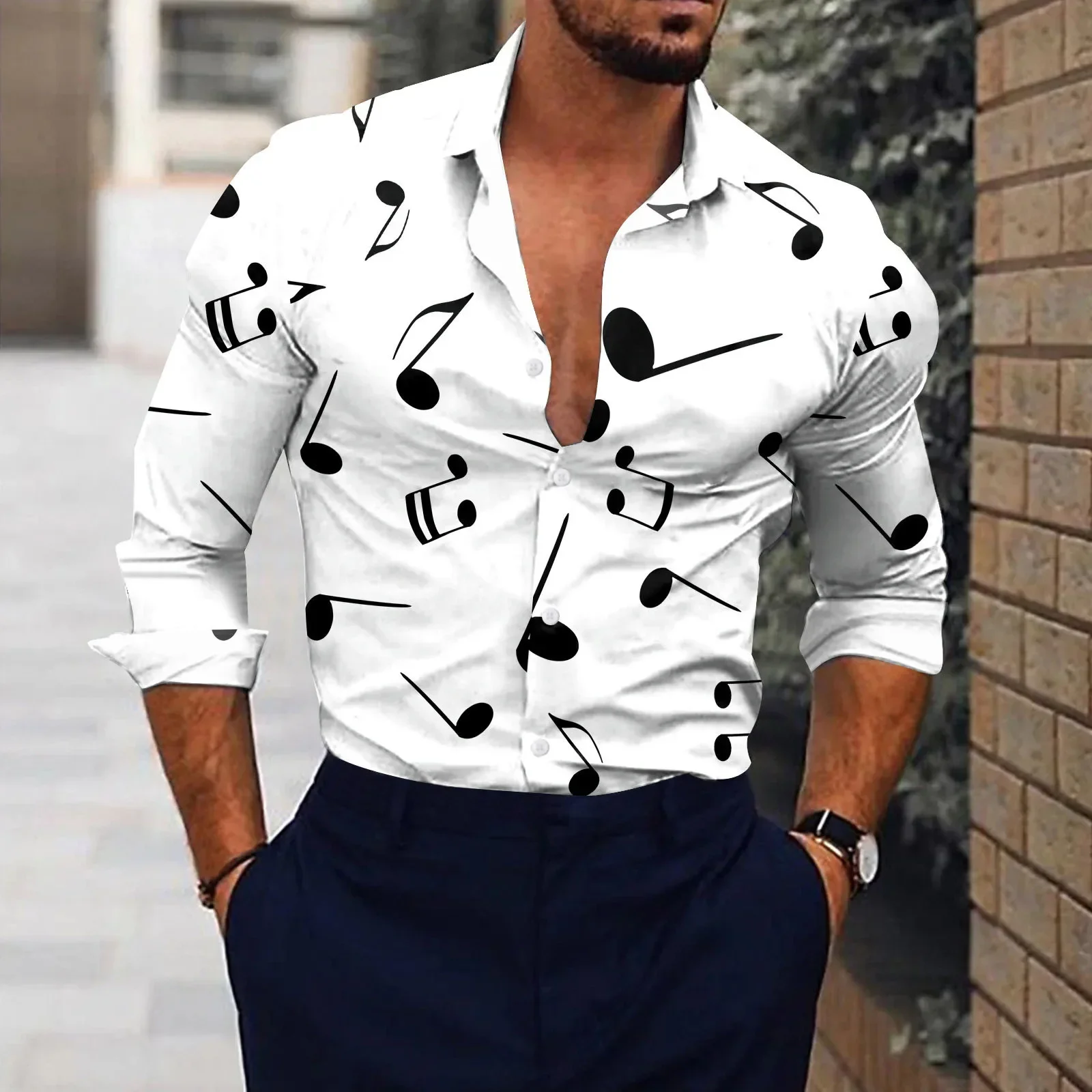 

Men White Shirts Music Note Print 3d Digital Print Breathable Long Sleeve Lapel Formal Shirts Social Luxury Designer Shirt Tops