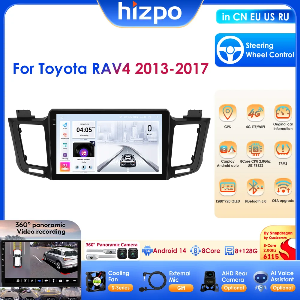 Android 14 Snapdragon 6115 Wireless CarPlay GPS Car Radio For Toyota RAV4 2013 - 2017 4G-LTE Android Auto Navi FM RDS DSP Stereo