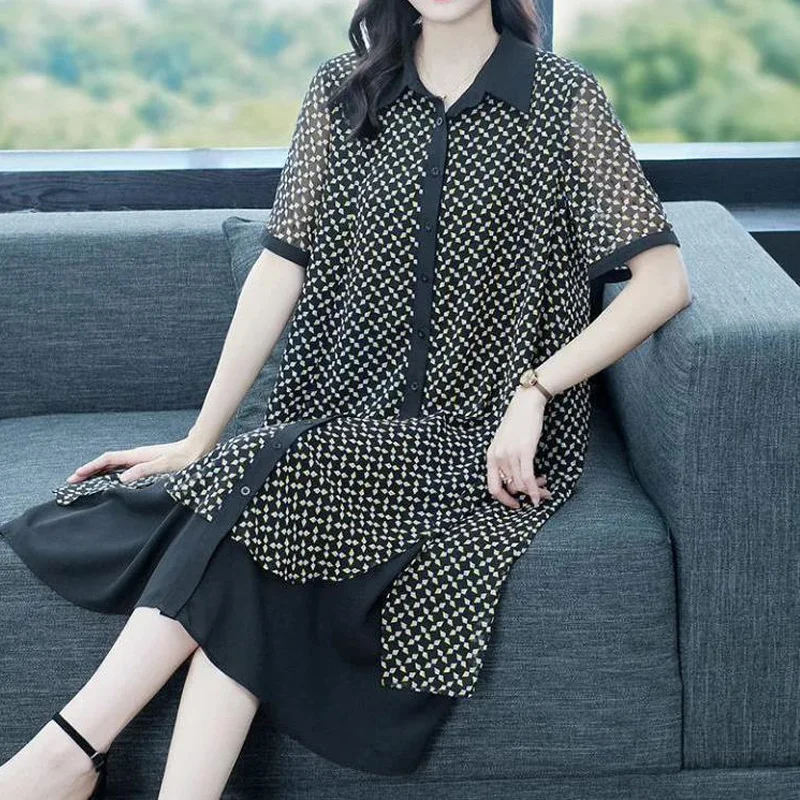 Summer New Chiffon Patchwork Midi Dress Short Sleeve Polo Neck Printing Loose Plus Size Dresses Fashion Vintage Women Clothing