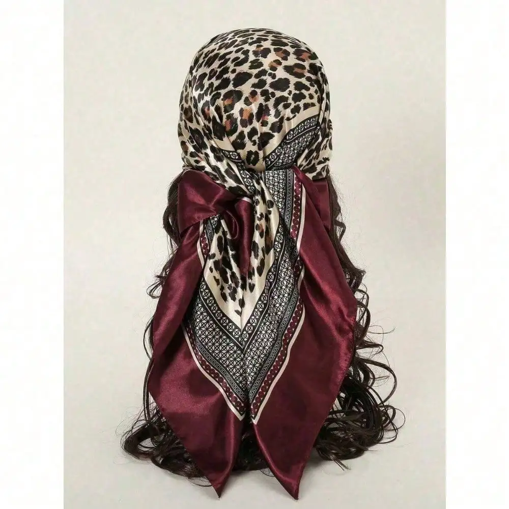 

1pc Women's 90CM Fashion Scarf With Leopard Print, Satin Square Bandana Headscarf, Spring/Summer