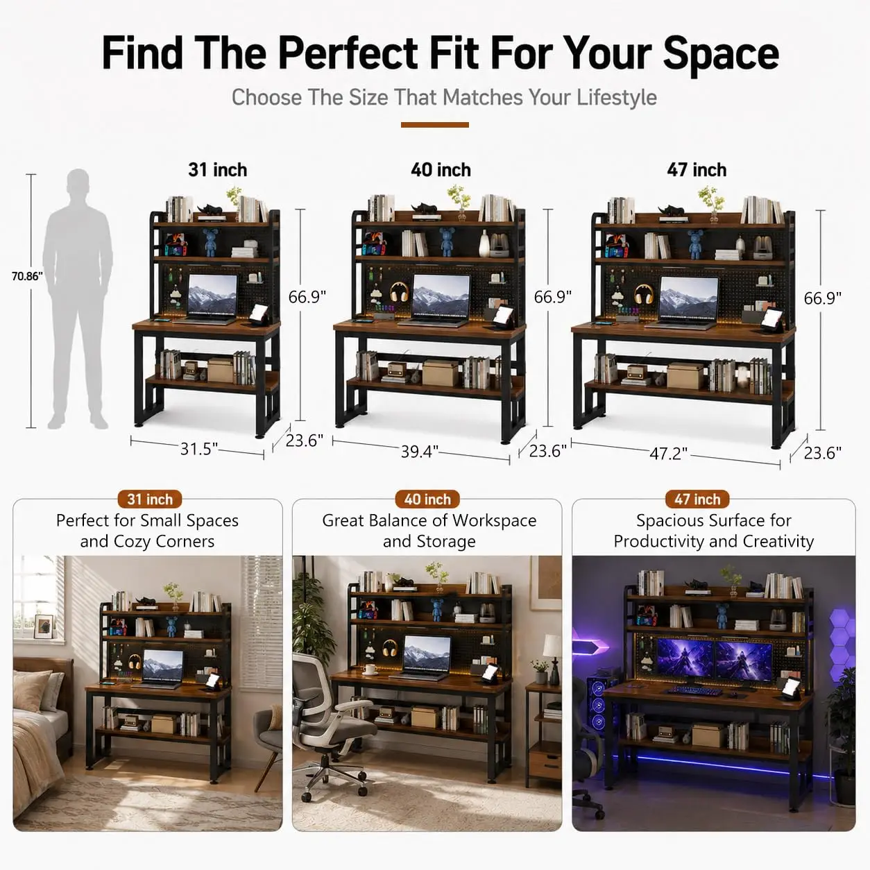 Computer Desk with Power Outlet & LED Lights, Customized