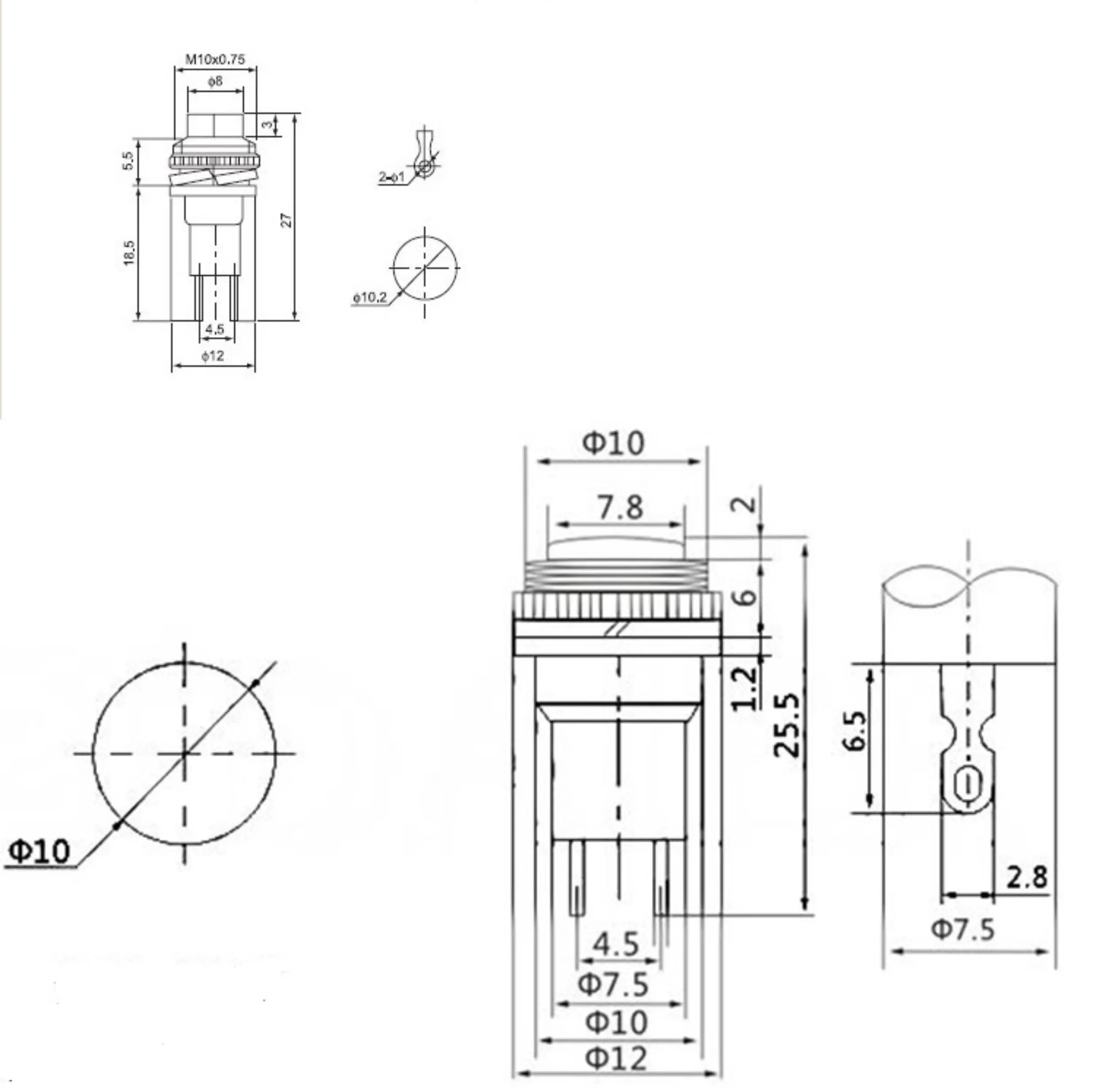 10-mm-Knopfschalter DS-316 DS-314, selbstrückstellender Türklingel-Horn-Schalter, ohne Verriegelung – Detail 7
