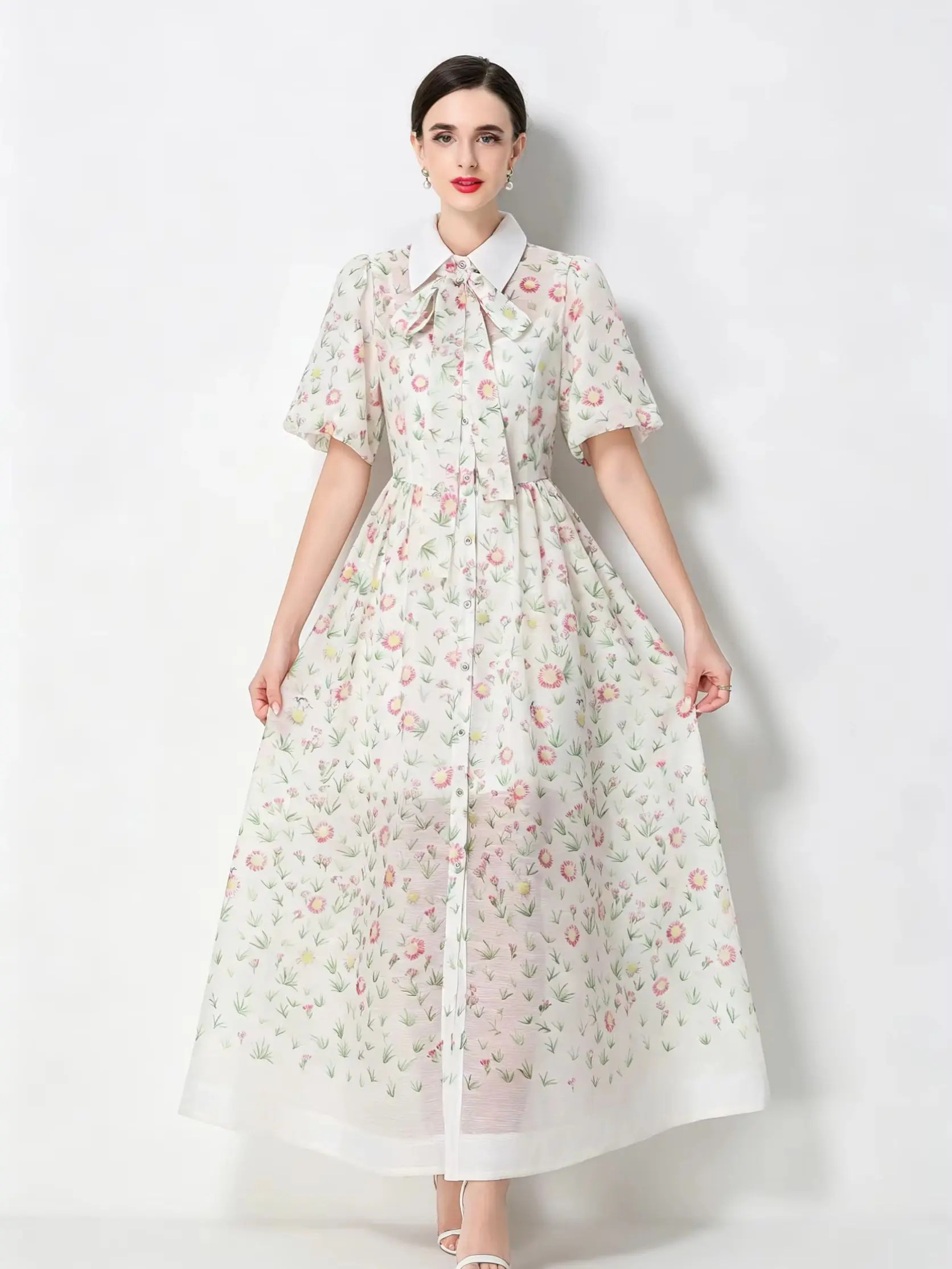 

Vintage Pink Floral Maxi Dress Women Sweet Puff Sleeve Bow Tie Collar Summer Beach Holiday Long Chiffon Sundress Elegant