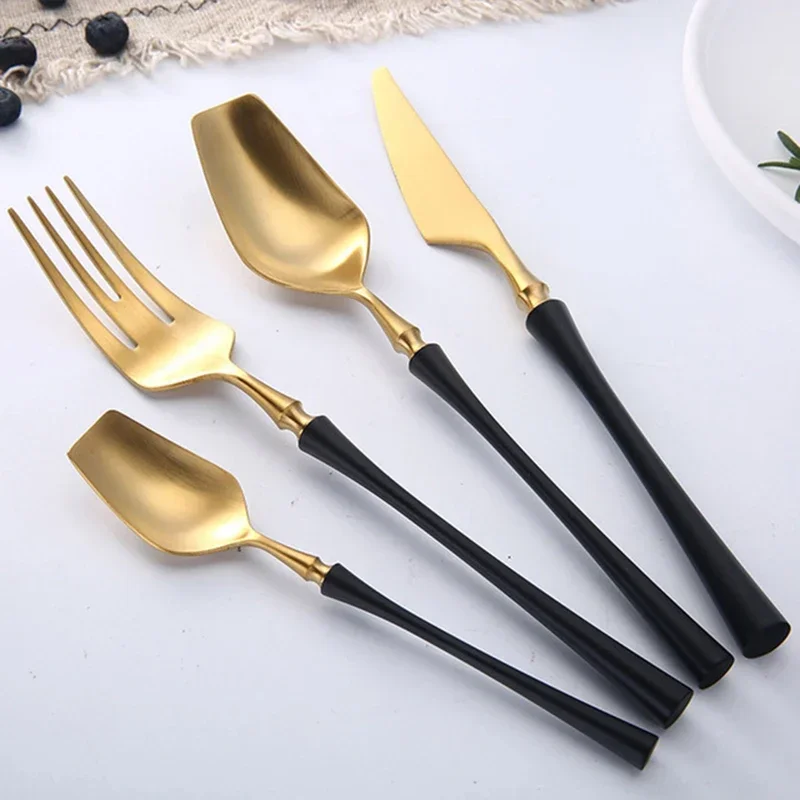 24Pcs Matte Stainless Steel Black Gold Cutlery Set  Flatware Set Tableware Silverware Knife Spoon Fork Dishwasher Safe