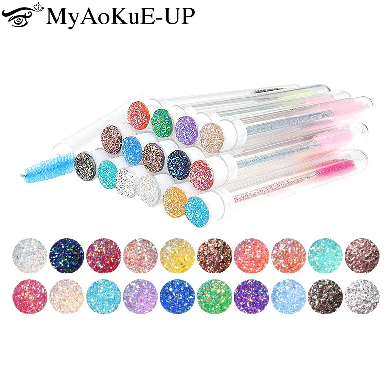 10pcs Disposable Diamond Eyebrow Brush Tube Eyelash Brushes Reusable Replaceable Dust-proof Sparkling Bling Crystal Lash Brush