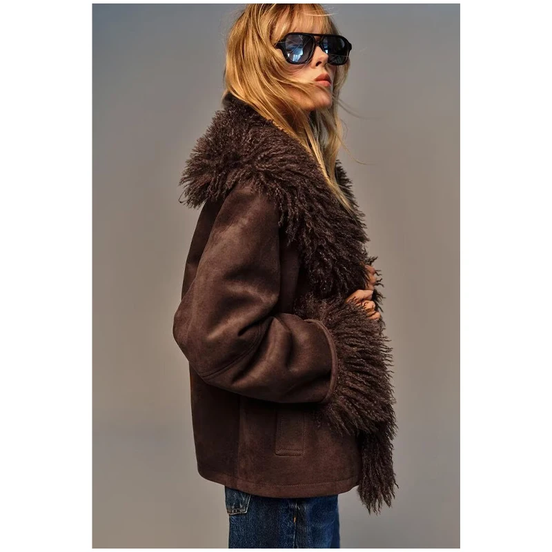 Chaquetas de piel sintética Vintage para mujer, abrigo informal de felpa con solapa abierta, prendas de vestir de calle cálidas y elegantes a la moda para otoño e invierno