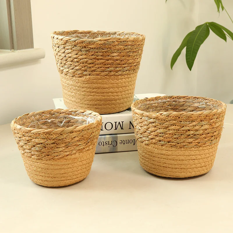 

3pc Natural woven flowerpot Vintage Style Flower Basket Large Capacity Straw Woven Planter for Family Friend Neighbor Gift