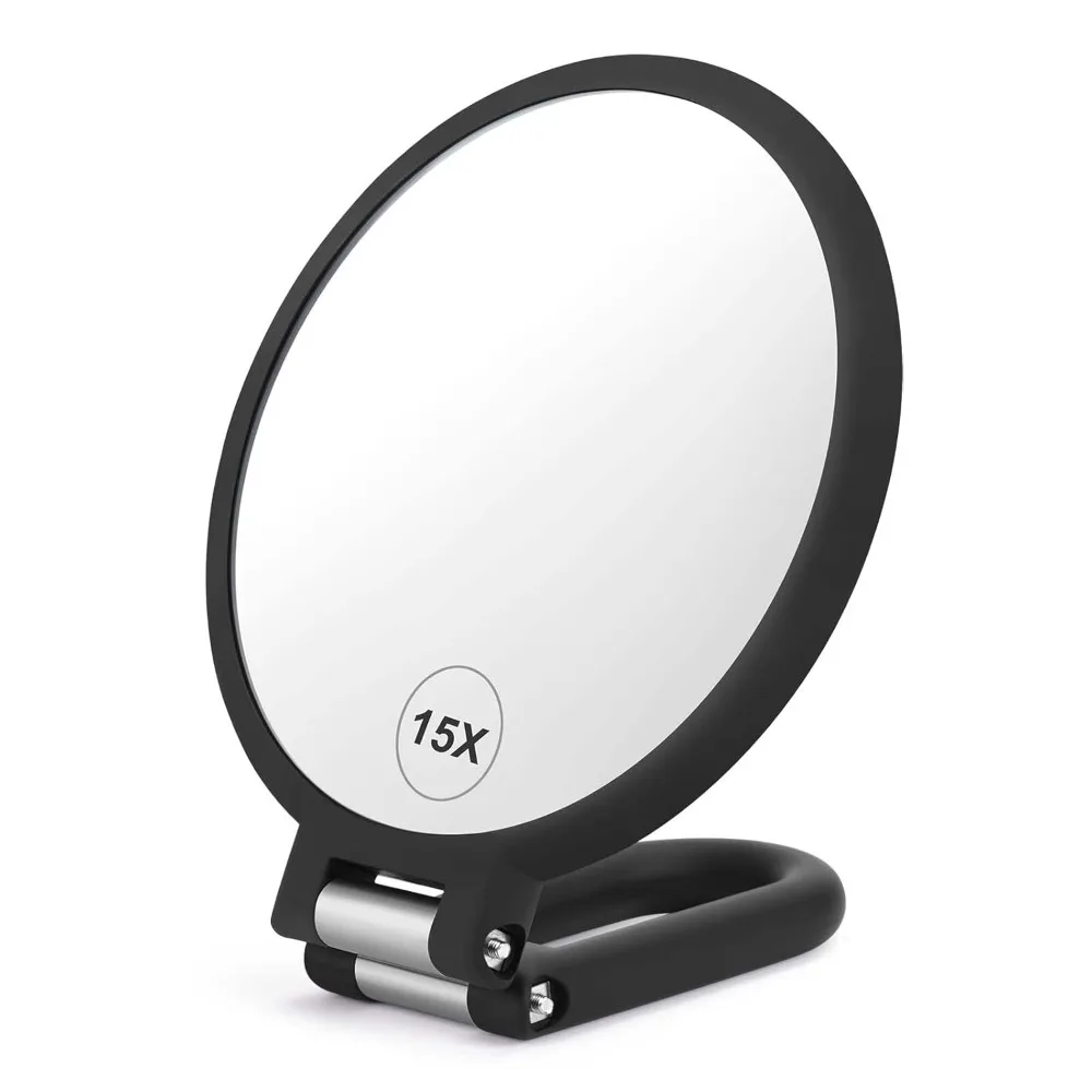 

Magnifying handheld mirror double-sided, travel folding adjustable rotating base