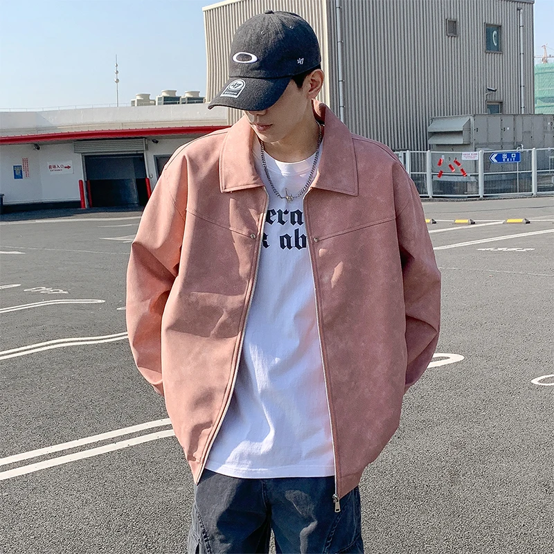 

American Retro PU Leather Jaet Men's Spring Autumn Casual Loose Collar Leisure Outerwear Faionable Youth Polyester