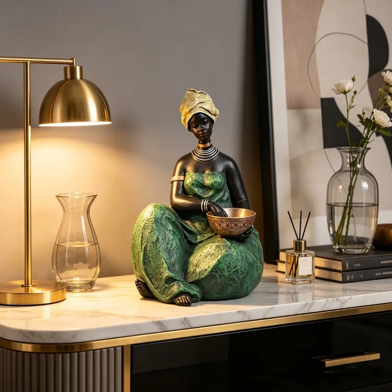 Retro African Tribal Female Statue - Exotic Art Resin Craft Statue, Home Decoration - Unique Art Gift Desk Decoration