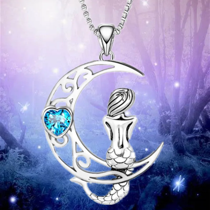 Fashion Mermaid Princess Moon Necklace Heart Zircon Pendant Engagement Necklaces for Women Princess Jewelry Anniversary Gift