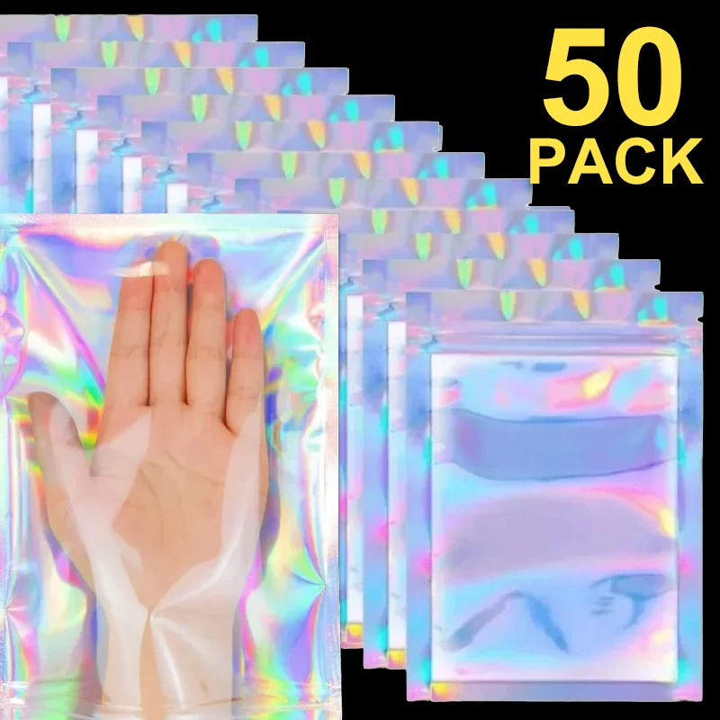 50/10PCS Resealable Laser Bags Small Business Packaging Holographic Envelopes Flat Clear Plastic Candy Jewelry Food Storage Bag