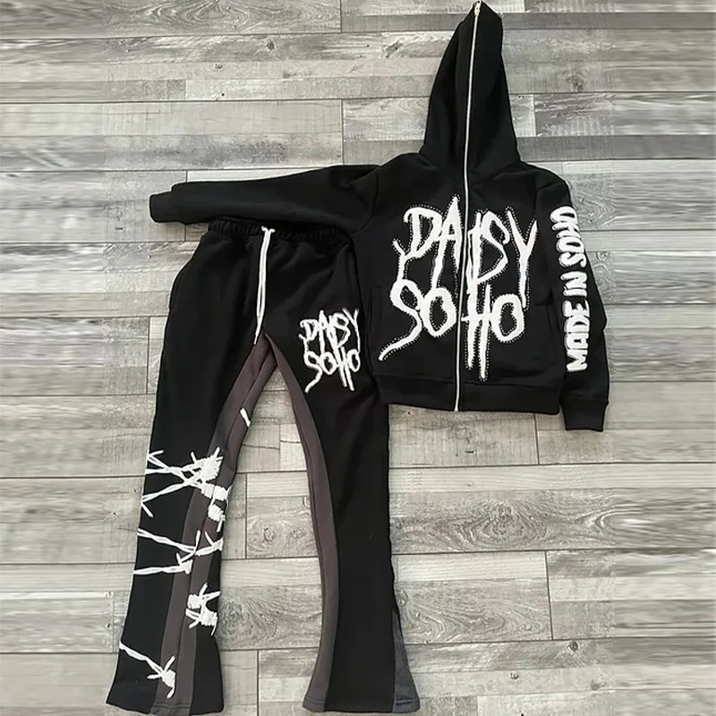 Y2K hip-hop European and American trend loose rope trousers letter printing splicing American leisure high street trousers