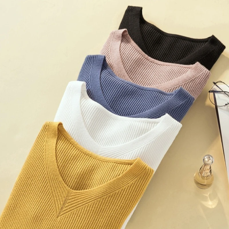 

2023 Spring And Autumn New Sweater Women's Korean Version Of Color Matching Long-Sleeved Bottom Sweater Jumper 2XL