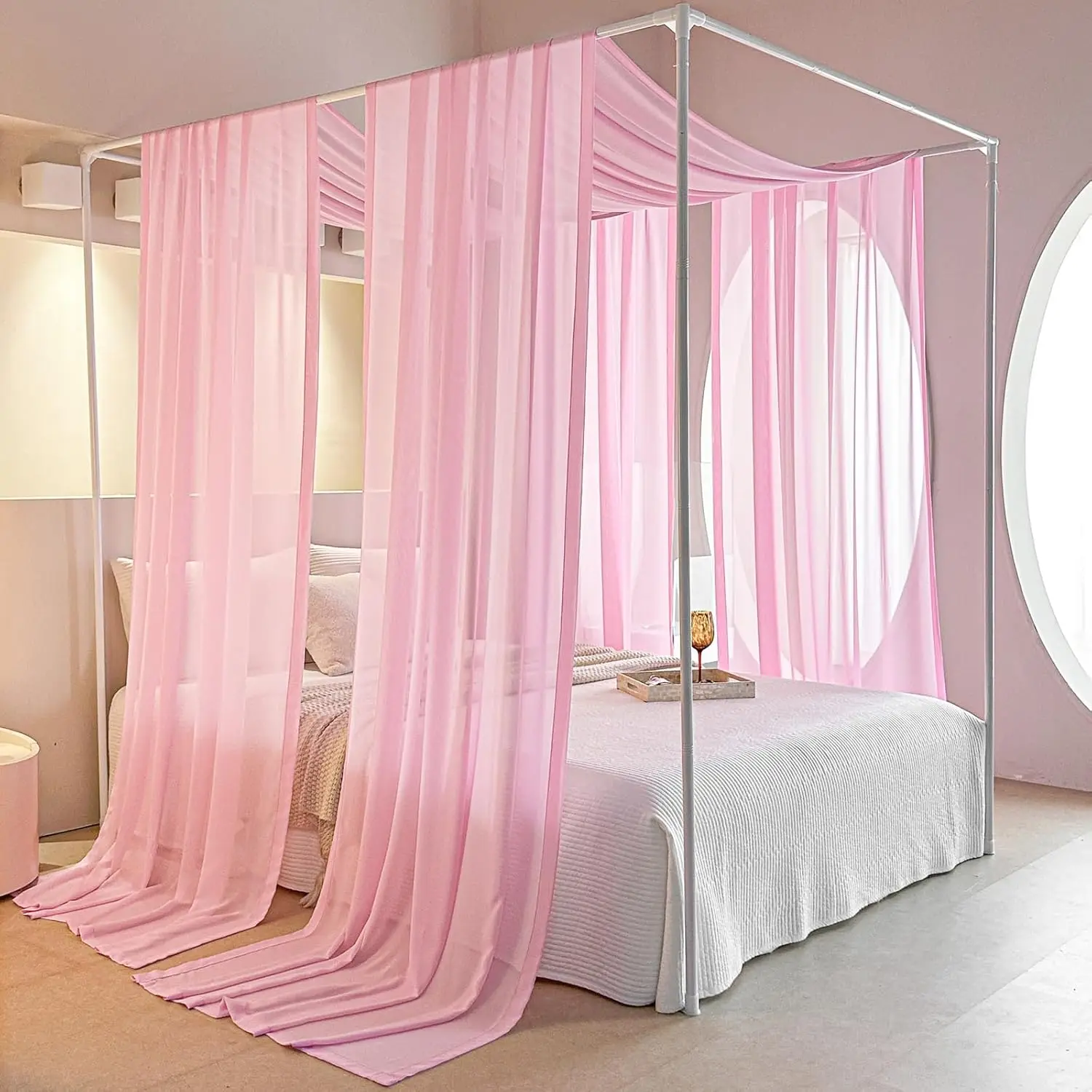 

Pink Bed Canopy Scarf For Twin - Luxury Sheer Canopy Bed Ains With Light - Suitable For Four-Poster Bed, Metal Bed Frame, Wood