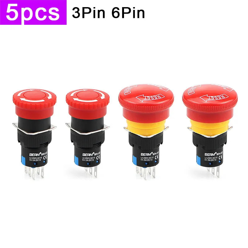 5pcs LA16-11ZS Switch Power Emergency Stop Button 3Pin 6Pin Mushroom Head Hole 16mm 5A 1NO 1NC 2NO 2NC 24mm 30mm